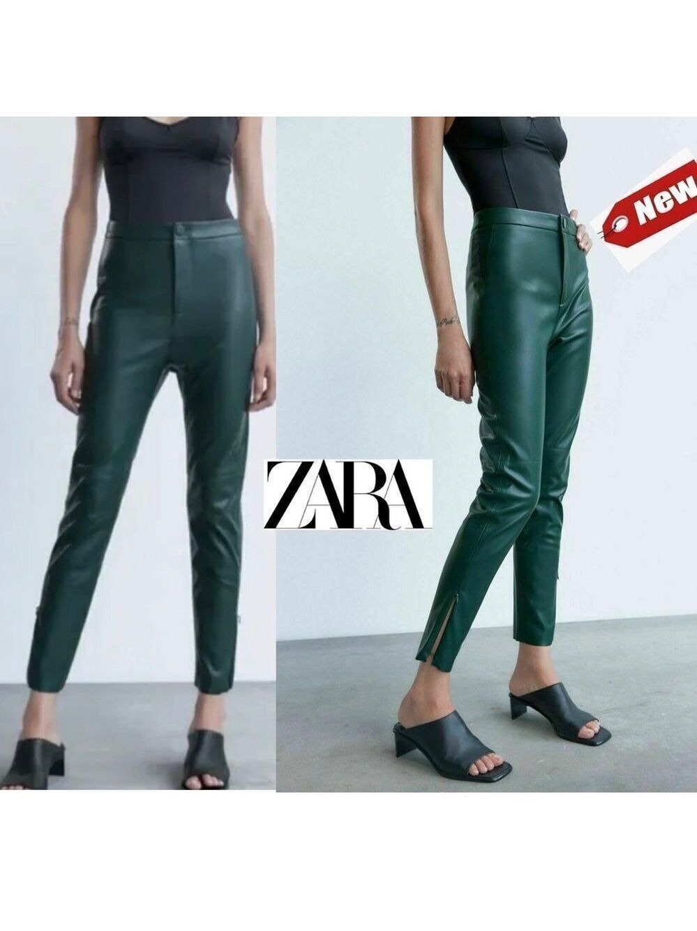 ZARA green faux leather hi-rise zipper hem leggings Sz XS NWT